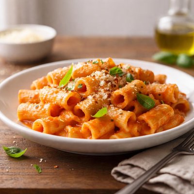 Rigatoni pasta with creamy tomato sauce