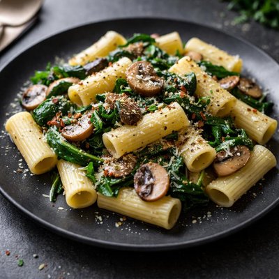 Rigatoni pasta with mushrooms and spinach