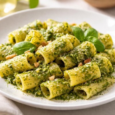 Rigatoni pasta with pesto sauce