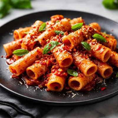 Rigatoni pasta with spicy marinara sauce