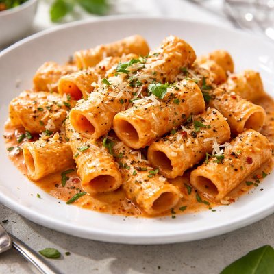 Rigatoni pasta with tomato cream sauce