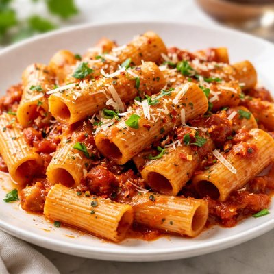 Rigatoni pasta with tomato sauce and cheese