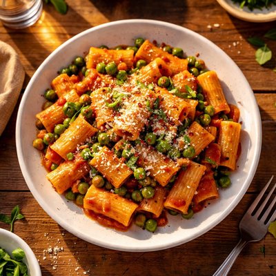 Rigatoni pasta with tomato sauce and peas