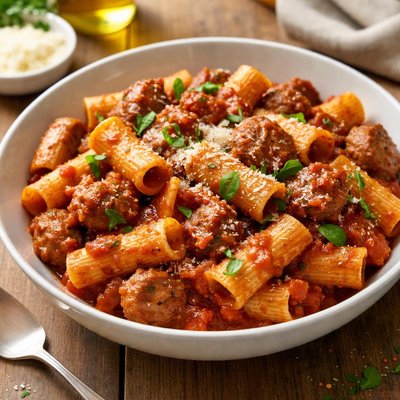 Rigatoni pasta with tomato sauce and sausage