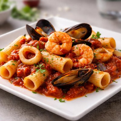 Rigatoni pasta with tomato sauce and seafood