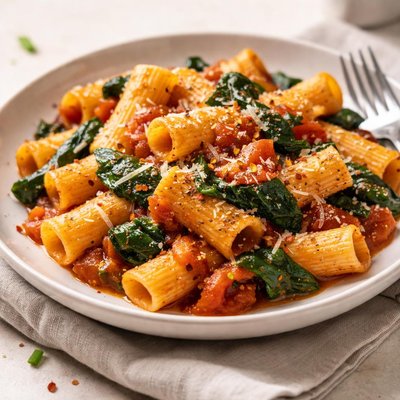 Rigatoni pasta with tomato sauce and spinach