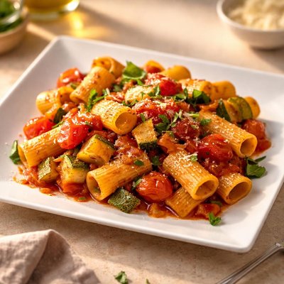 Rigatoni pasta with tomato sauce and vegetables