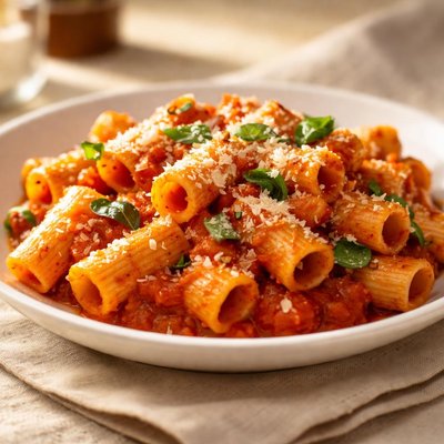Rigatoni with tomato sauce and cheese