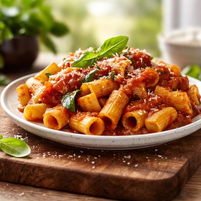 Rigatoni with tomato sauce and squash