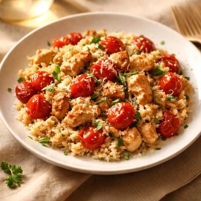 Risotto with cherry tomatoes and chicken