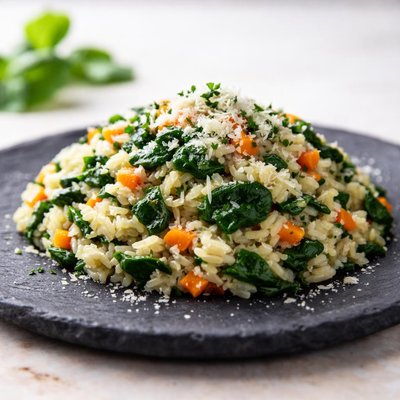Risotto with spinach and carrot and onion