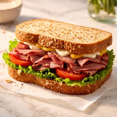 Roast beef sandwich whole wheat tomato lettuce mustard mayo