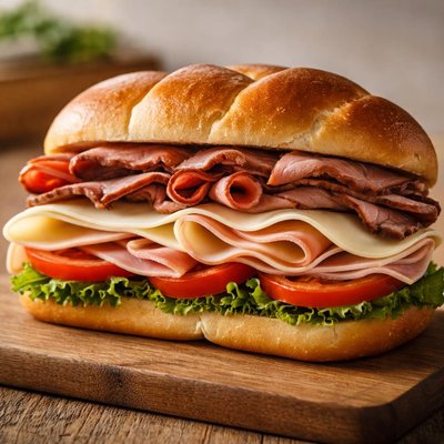 Roast beef turkey ham and provalone sandwich on sweet bread