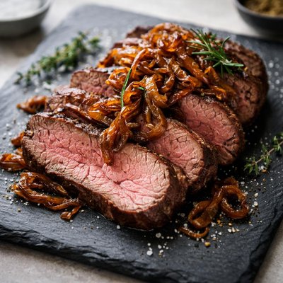 Roast beef with caramelized onions