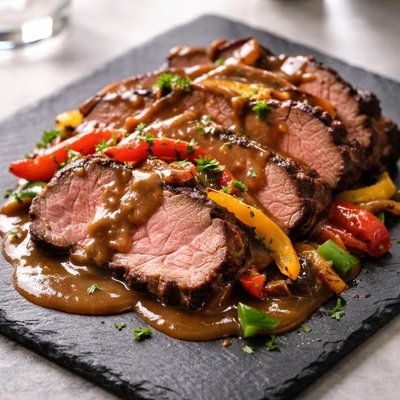 Roast beef with gravy and peppers