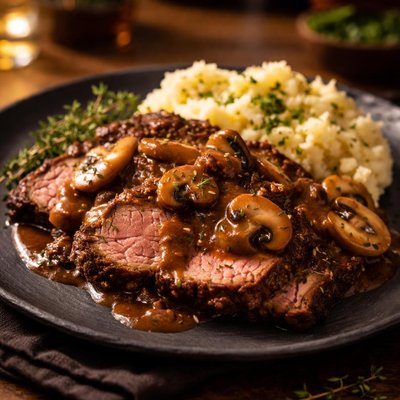 Roast beef with mushroom gravy
