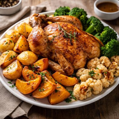 Roast chicken roast potatoes cauliflower pumptkin broccoli
