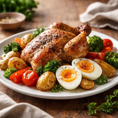 Roast chicken with vegetables and egg