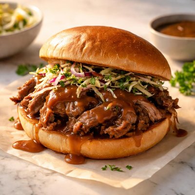 Roast pork cheek and gravy sandwich