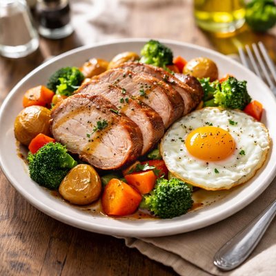 Roast pork with vegetables and egg