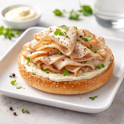 Roast turkey on a half bagel with mayo
