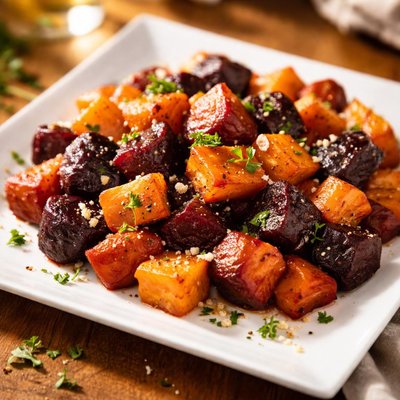 Roasted beets and sweet potatoes