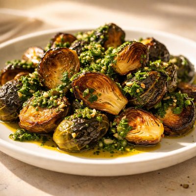Roasted brussels sprouts with green sauce