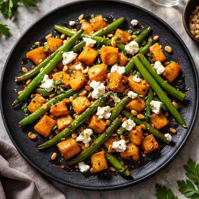 Roasted butternut squash with green beans and feta