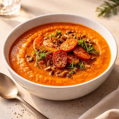 Roasted carrot soup with fennel and tomato
