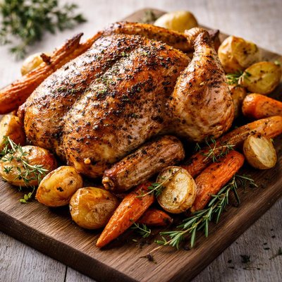Roasted chicken potato carrots