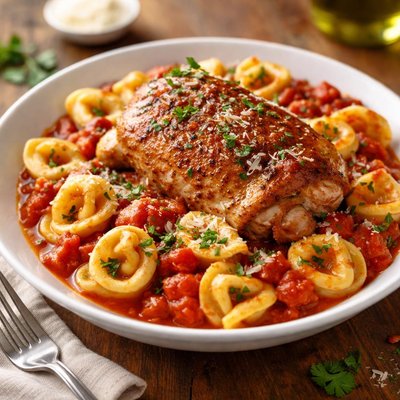 Roasted chicken with tortellini and spaghetti sauce