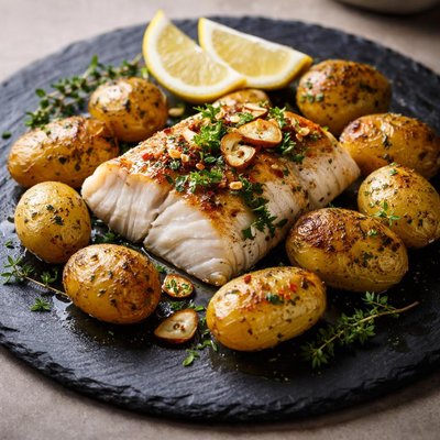 Roasted codfish and potatoes