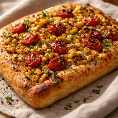 Roasted corn and tomato focaccia
