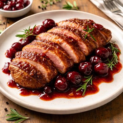 Roasted duck with cherry sauce