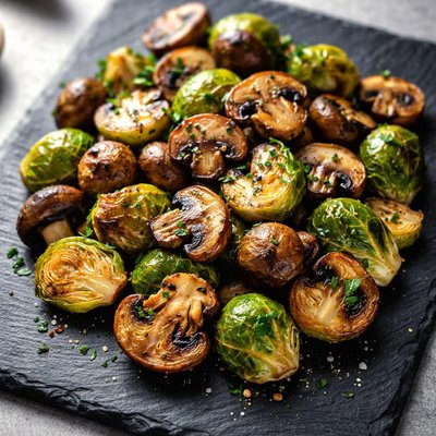 Roasted mushrooms and brussels sprouts