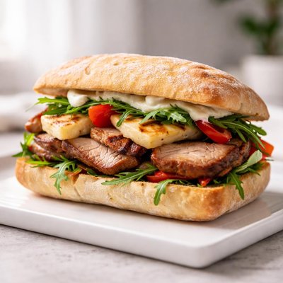 Roasted pork and halumi sandwich