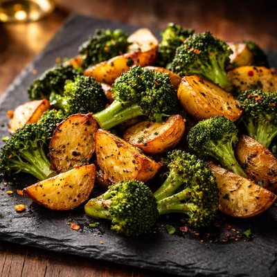 Roasted potatoes and broccoli