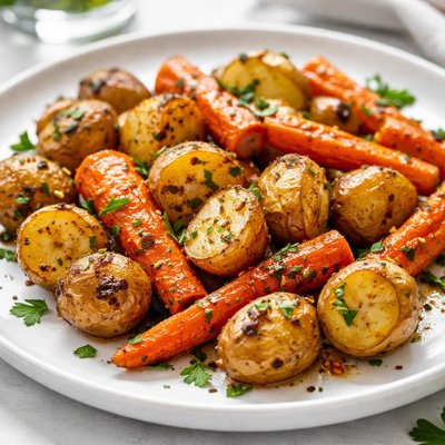 Roasted potatoes and carrots