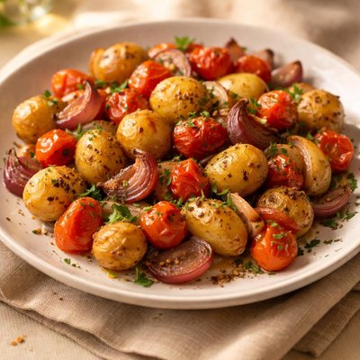 Roasted potatoes with cherry tomatoes and onions