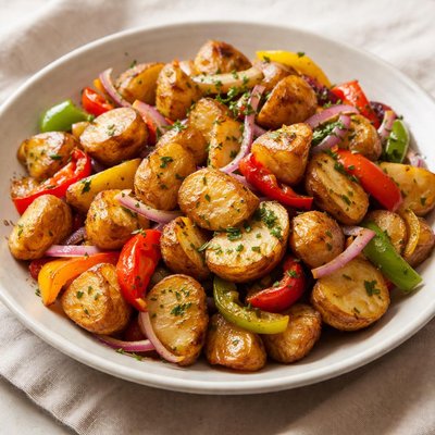 Roasted potatoes with onions and peppers