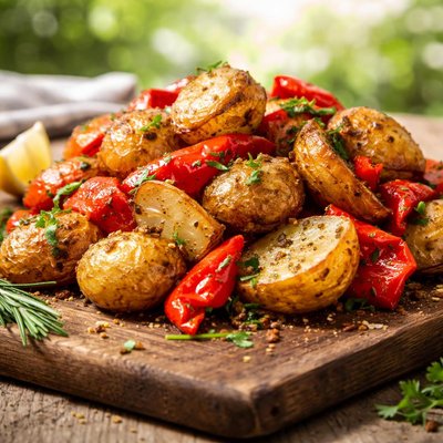 Roasted potatos and red peppers
