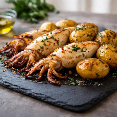 Roasted squid with potatoes