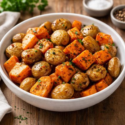 Roasted sweet potatoes and potatoes