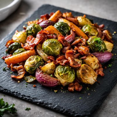 Roasted vegetables with bacon