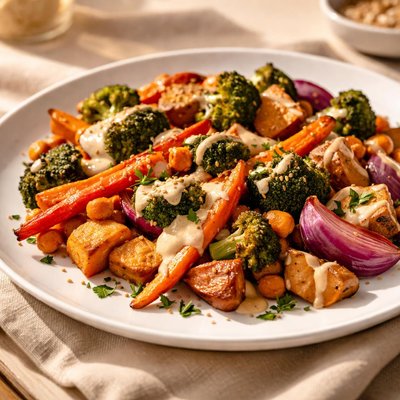 Roasted vegetables with tahini sauce