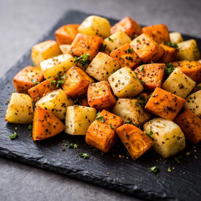 Roasted white and sweet potatoes