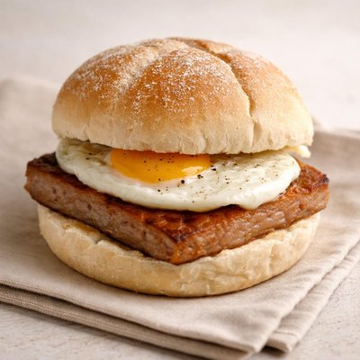 Roll and egg and square sausage