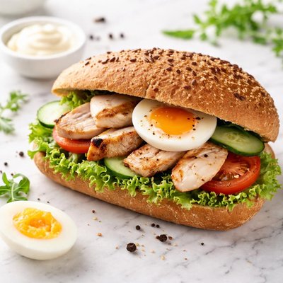 Roll with grilled chicken and egg