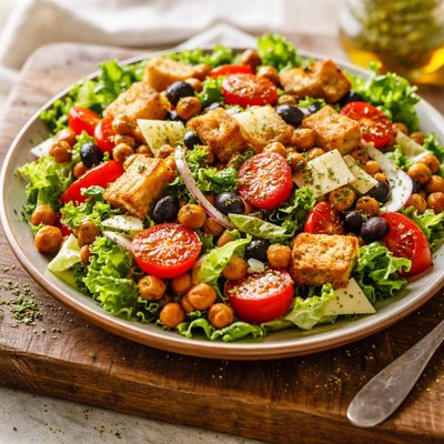 Romain tomato crouton garbanzo salad with italian dressing