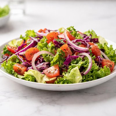 Romaine red cabbage onion tomato salad
